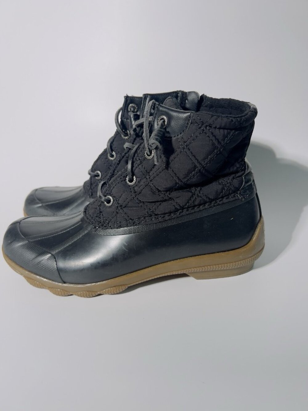Womens 7 M Sperry Saltwater Quilted Duck Boots Black Waterproof Lace-Up Side Zip - Picture 13 of 15